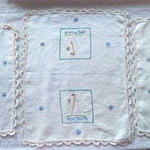 Vintage 3-Piece Hand Embroidered Sailboat Doilies – c 1950s